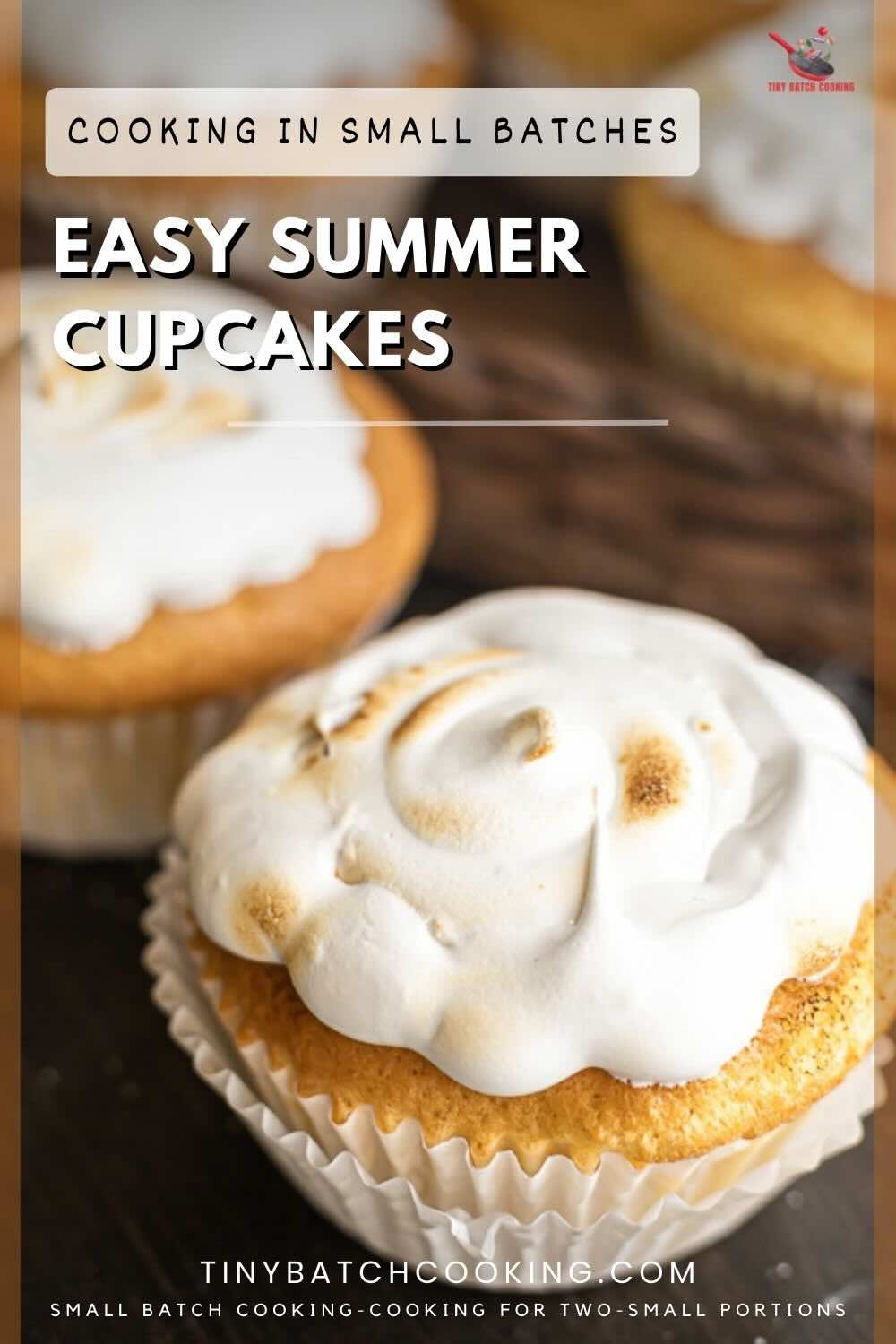 Close-up of cupcakes topped with swirled frosting, accompanied by text "Cooking in Small Batches: Easy Summer Cupcakes" and "Small Batch Cooking for Two-Small Portions" at the bottom.