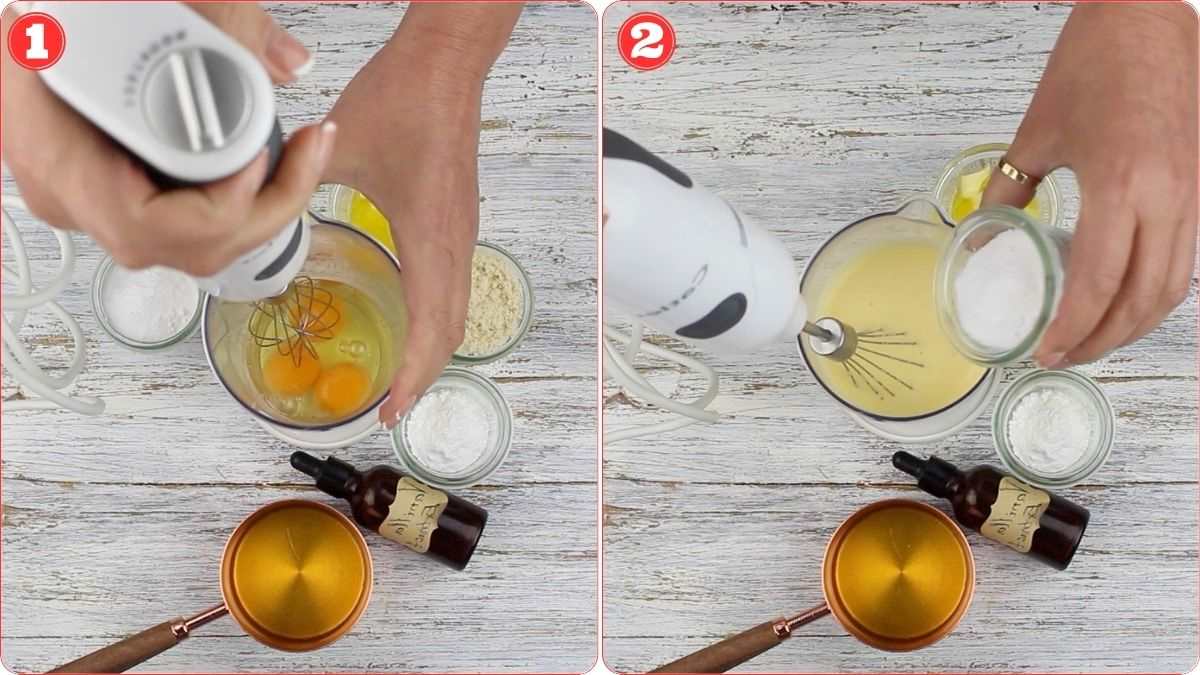 Two-step process of using a hand mixer to blend eggs and other ingredients in a bowl, with additional ingredients arranged around the bowl on a wooden surface.