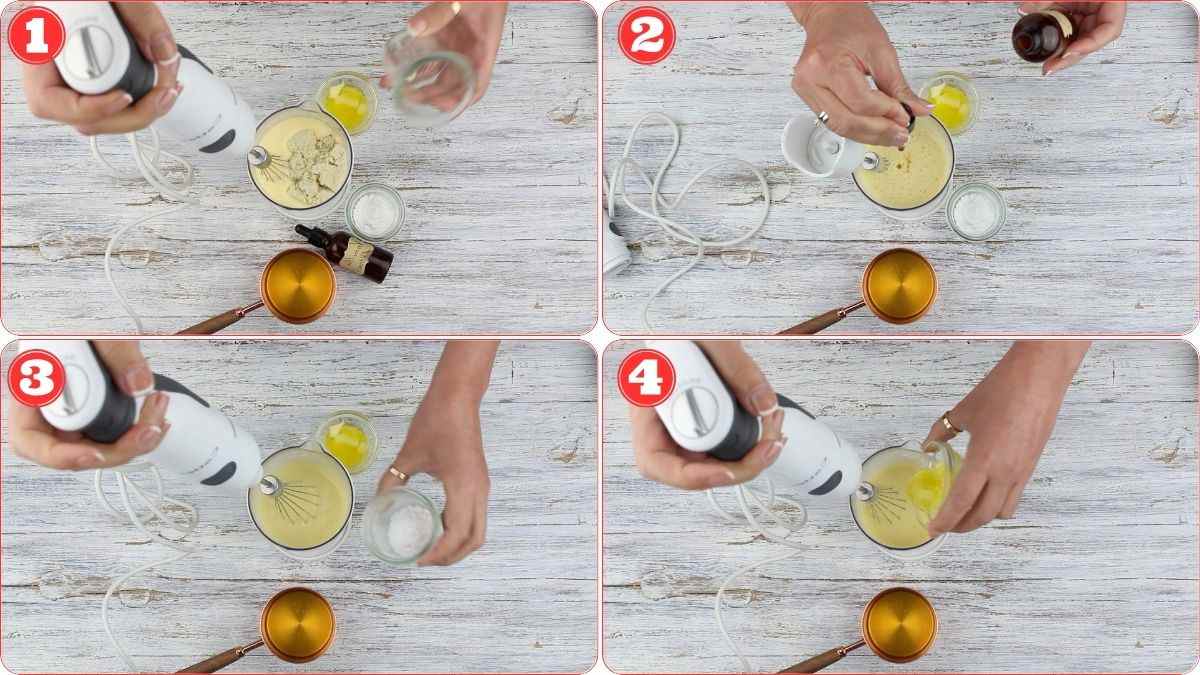 A step-by-step process of someone using a hand blender to mix ingredients in a jar. Ingredients include liquids and powders, and other utensils are visible on a light-colored wooden surface.