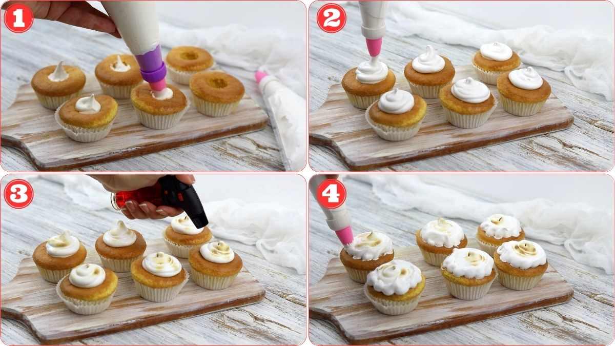 Step-by-step process of decorating cupcakes: 1. Piping cream onto plain cupcakes. 2. Adding more cream. 3. Using a torch to caramelize the cream. 4. Finished cupcakes with caramelized tops.