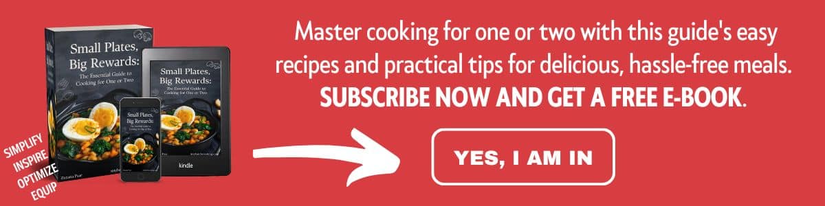 Promotional banner for a cooking guide titled "Small Plates, Big Rewards" offering a free e-book subscription with practical tips for easy meals. Red background with visuals of the guidebook and e-book.