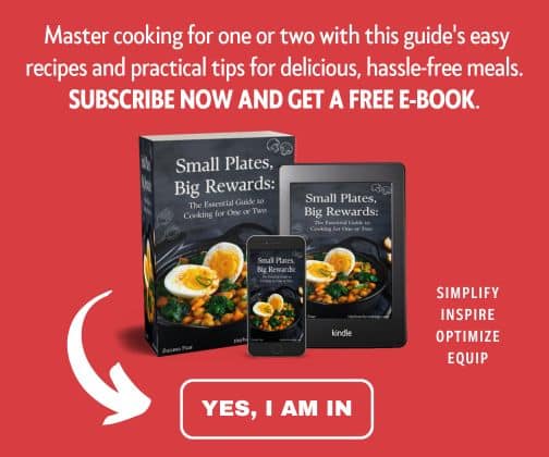 Cooking guide titled "Small Plates, Big Rewards" with an offer to subscribe and receive a free e-book. Includes an image of the book, a Kindle, and a plate of food.