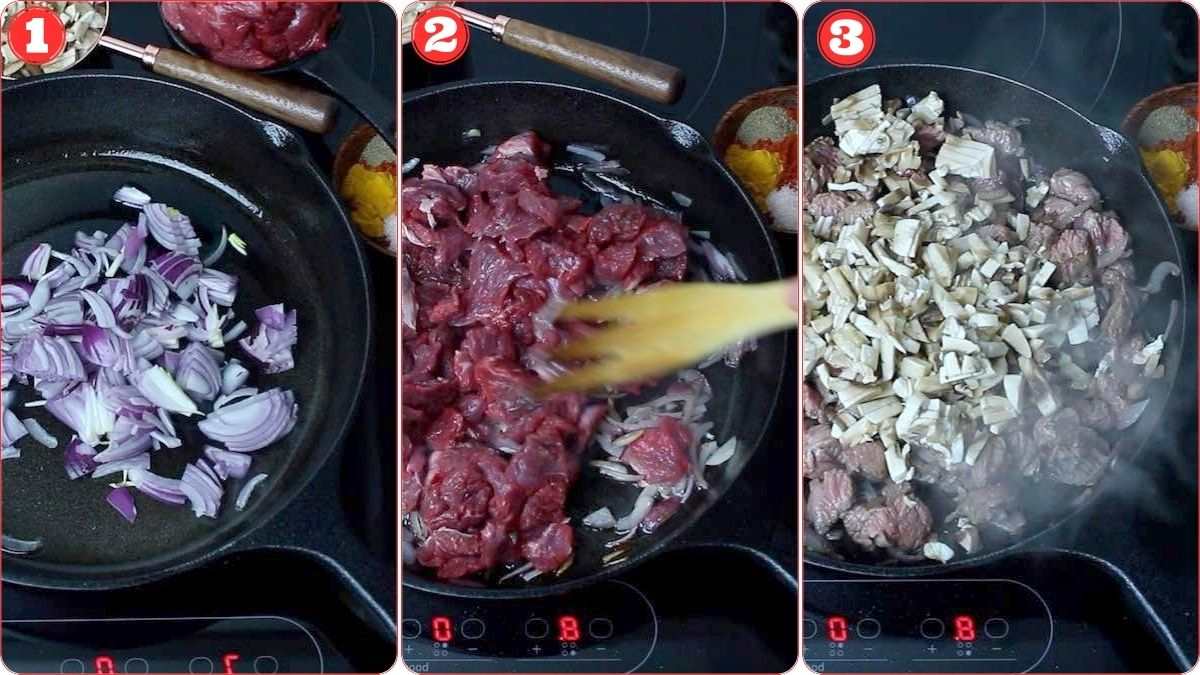 Cooking onions, beef, and mushrooms.