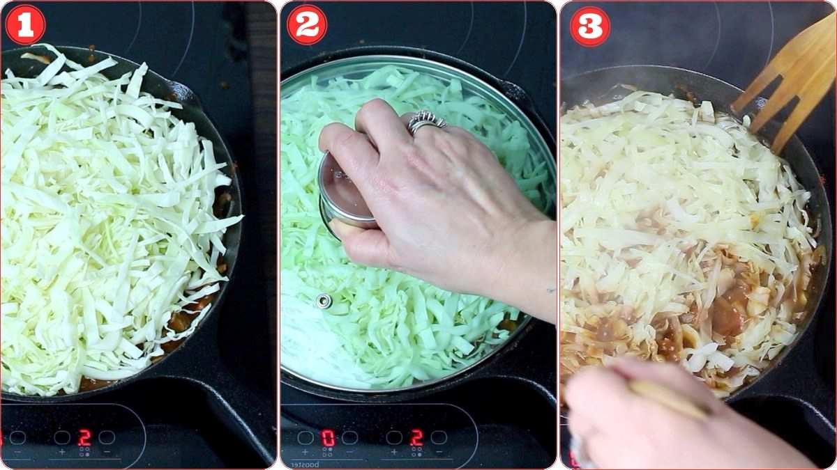 Adding cabbage to the skillet.