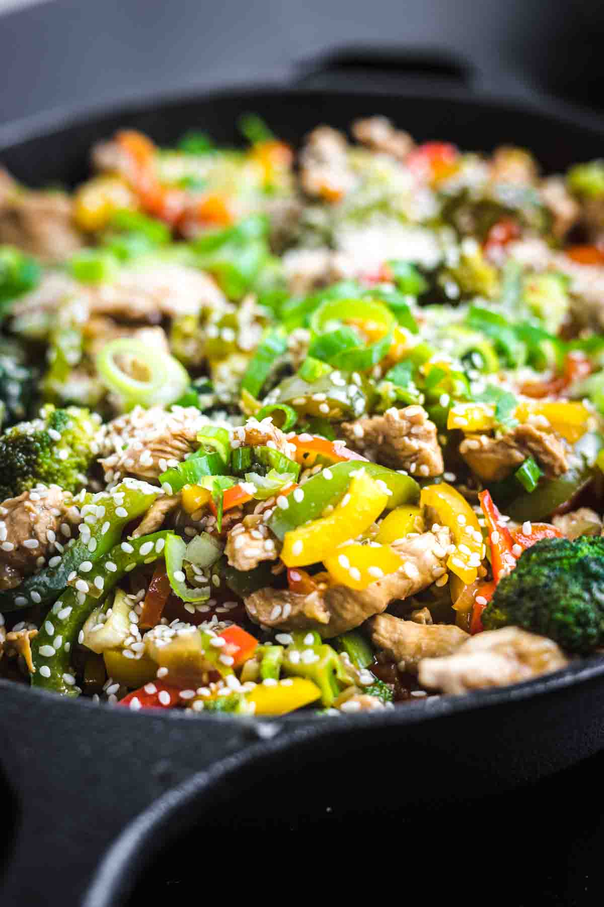 Sesame-topped stir-fry with chicken.