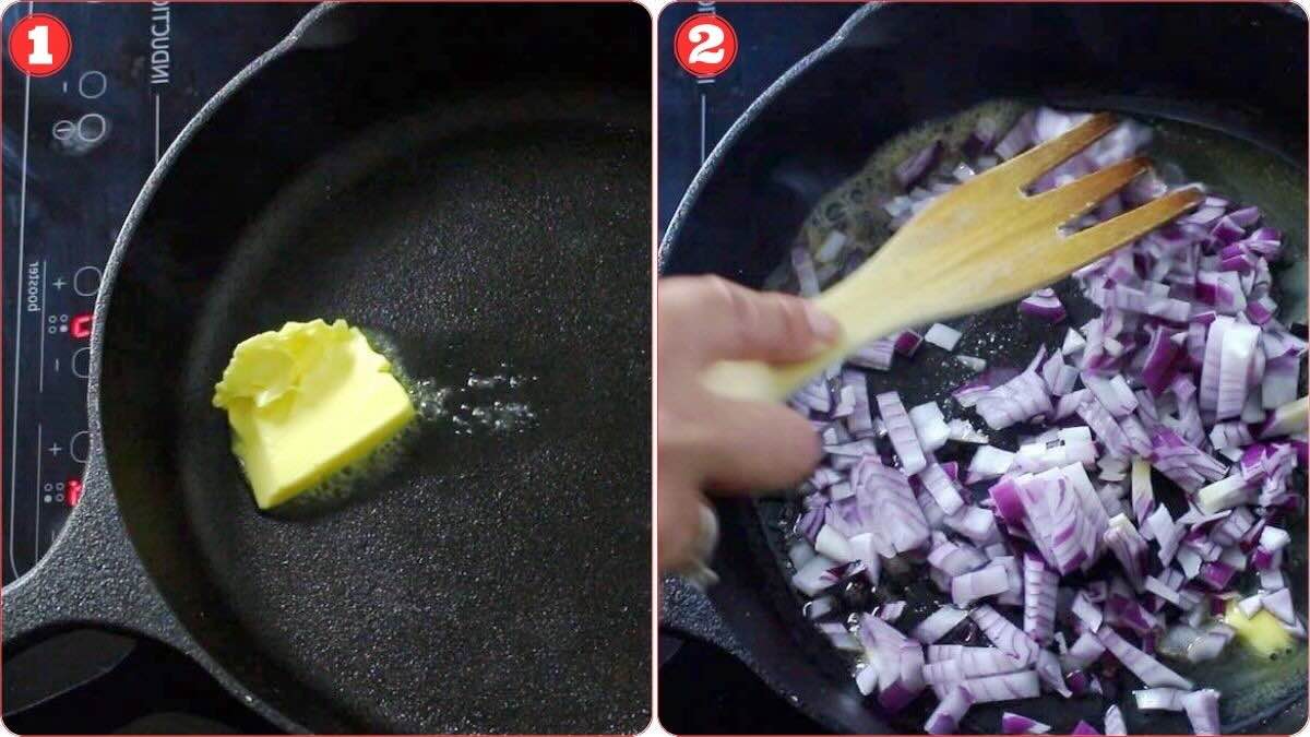 Sauté chopped onion and garlic with butter.