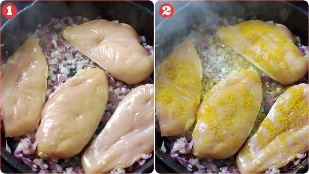 Cook the chicken until golden brown.