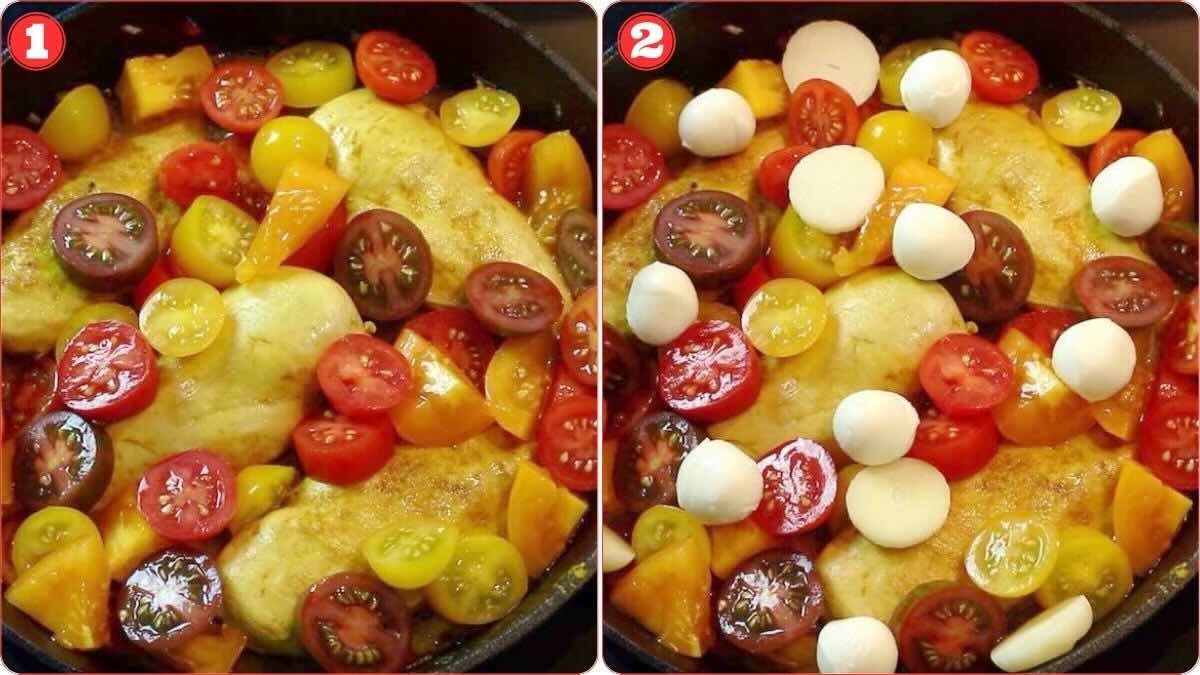 Add tomatoes and mozzarella toppings.