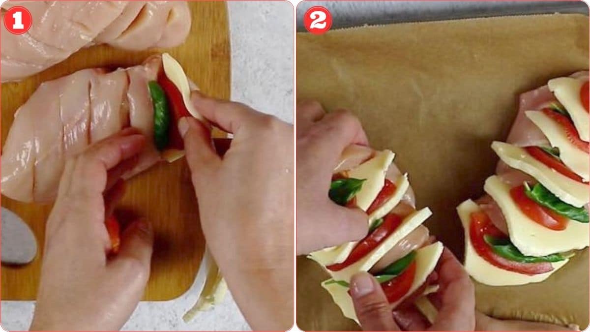 Stuffing chicken breasts with cheese, basil.