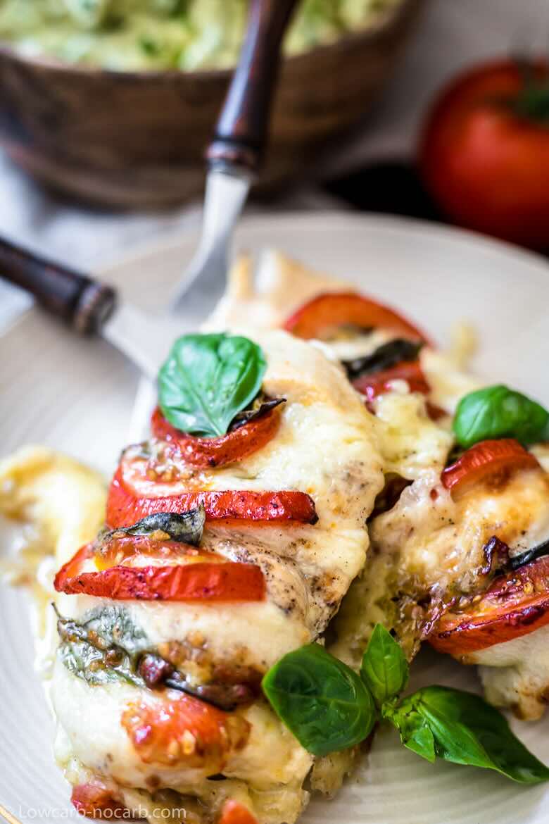 Grilled chicken and tomato with basil topping.