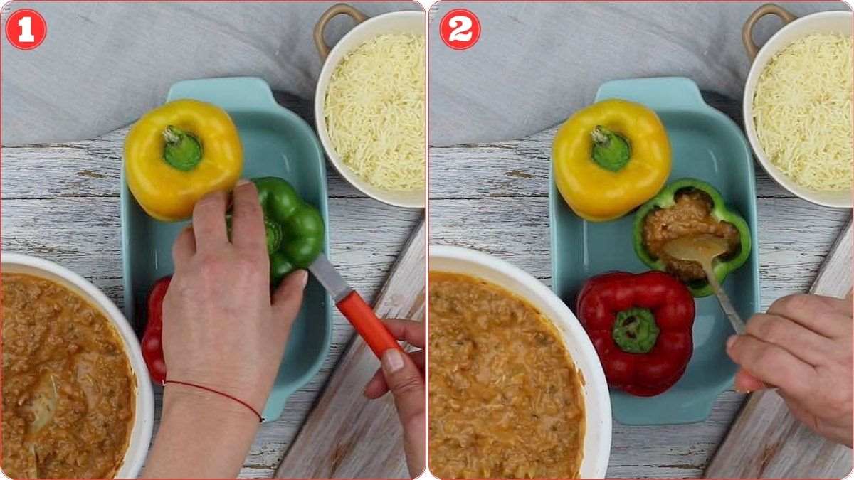 Stuffing bell peppers with filling.