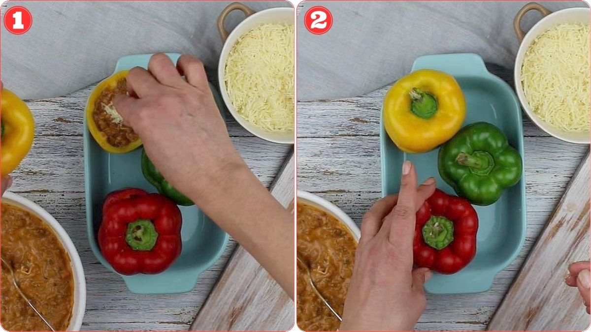 Arranging stuffed peppers in baking dish.