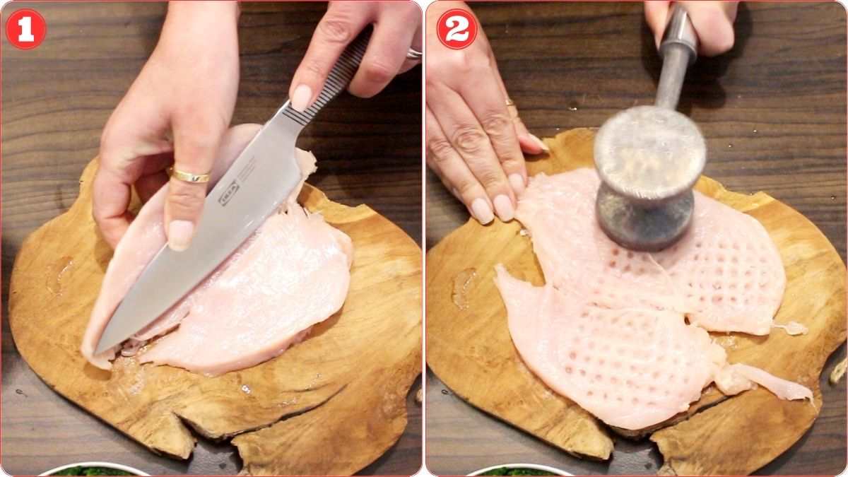 Slicing and tenderizing chicken breast.