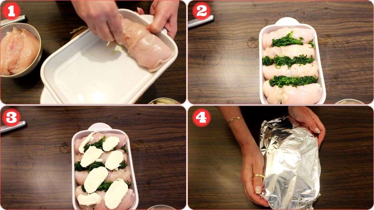 Preparing stuffed chicken breasts for baking.