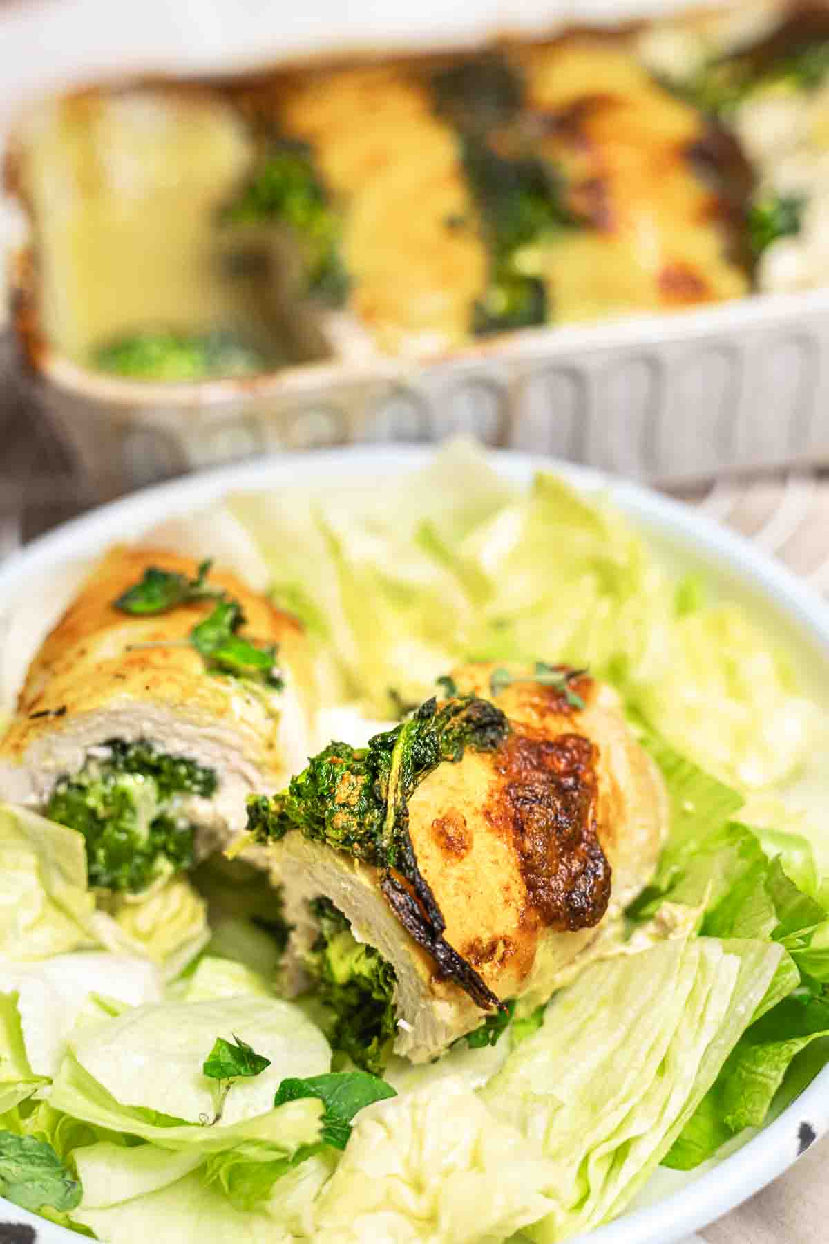 Spinach and cheese stuffed chicken casserole.