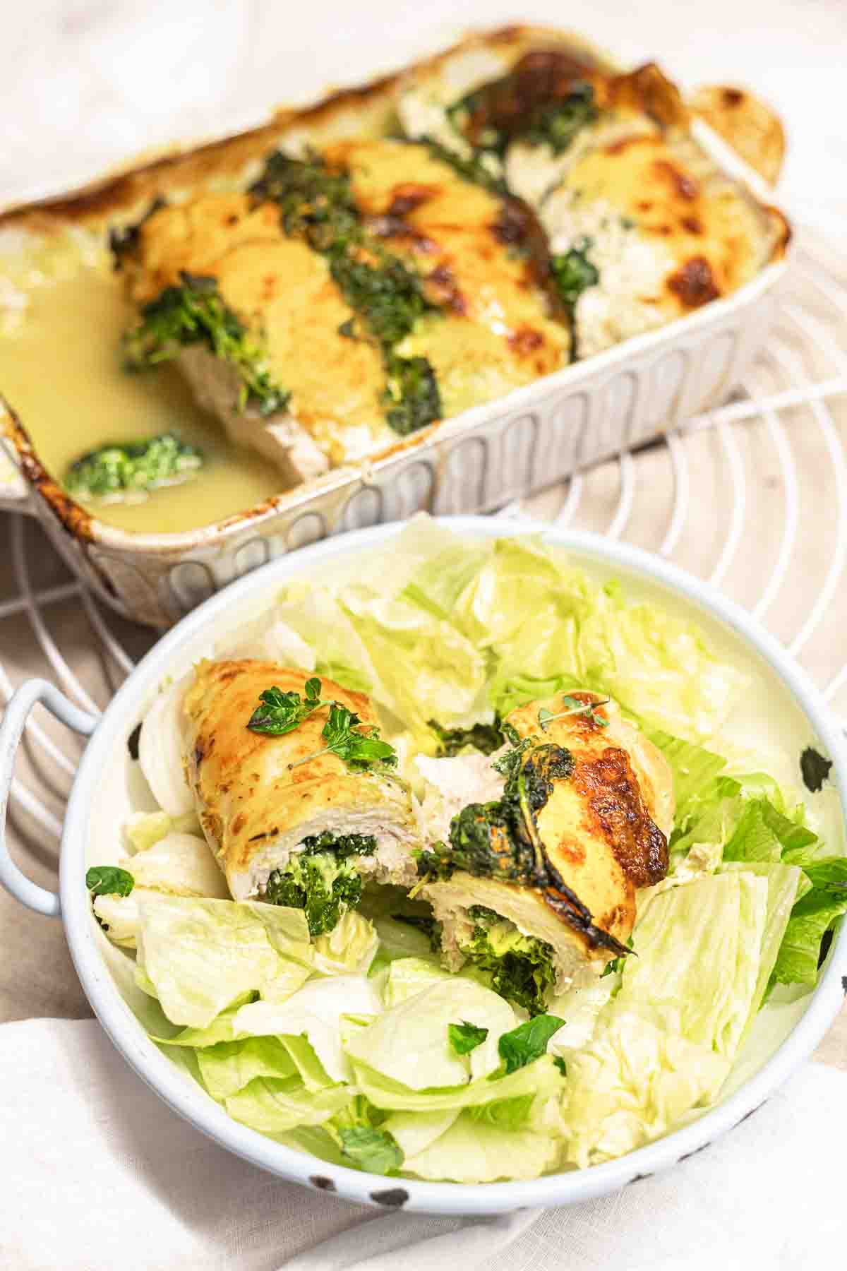 Chicken casserole with lettuce.