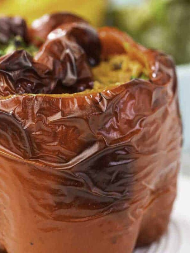 Roasted red bell pepper with stuffing.