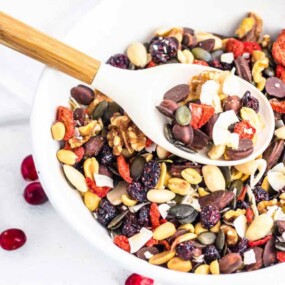 A bowl of mixed nuts, seeds, dried fruit, and chocolate chips with a wooden spoon.