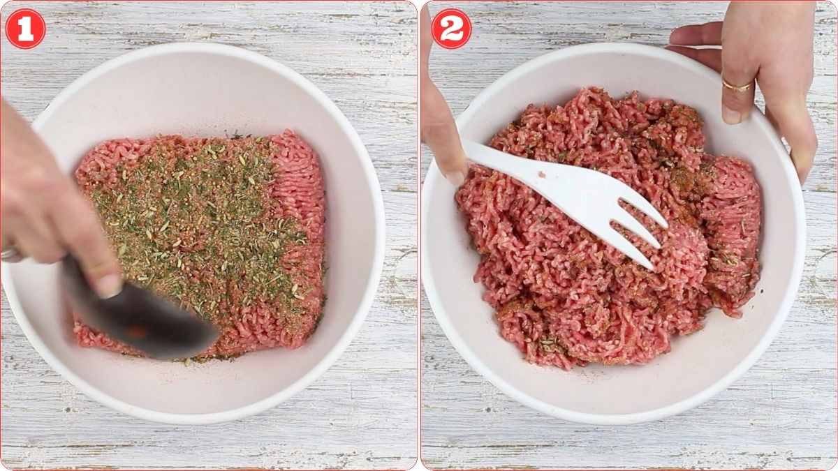Two-panel image: Panel 1 shows ground meat topped with herbs in a white bowl; panel 2 shows hands mixing the meat with a white fork. Both steps are part of a recipe.