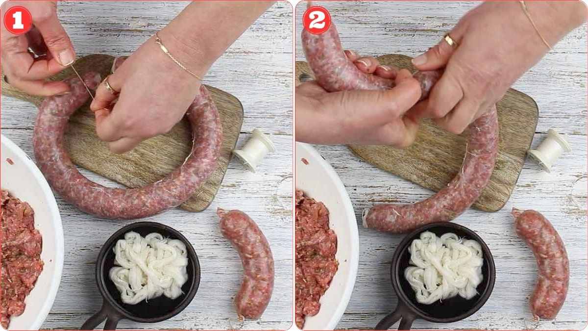 Two images show hands tying off and shaping homemade sausage links on a wooden board, with a bowl of ground meat, sausage casing, and thread nearby.