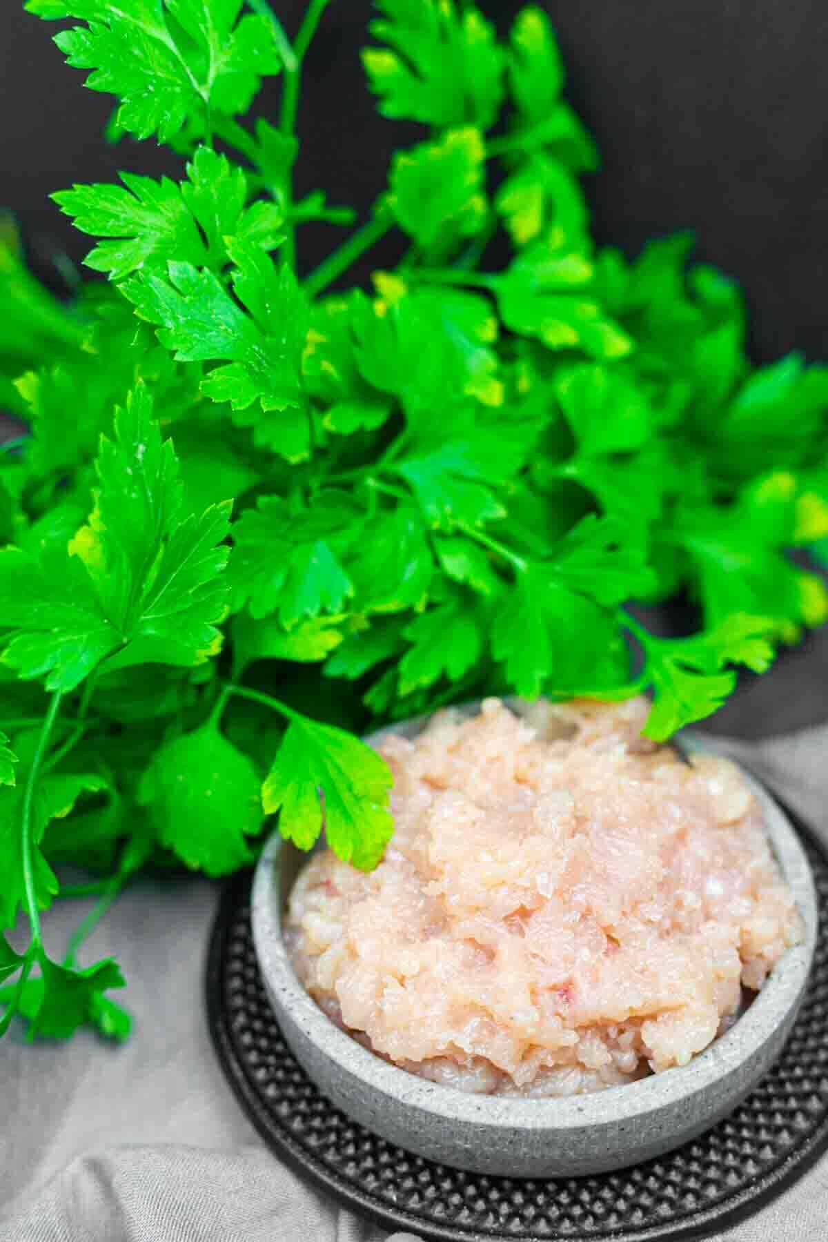 A small bowl of raw ground chicken placed next to a bunch of fresh parsley on a dark surface.