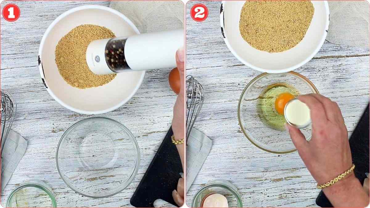 Split image: Left side shows ground crumbs being seasoned in a bowl; right side shows an egg and milk being added to another bowl, both on a white wooden surface.