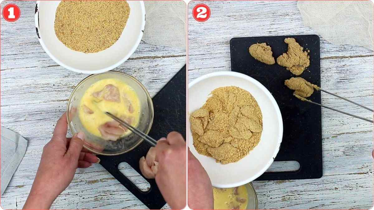 Two-step process of coating chicken pieces: dipping them in egg mixture (left) and then covering them in breadcrumbs on a cutting board (right).