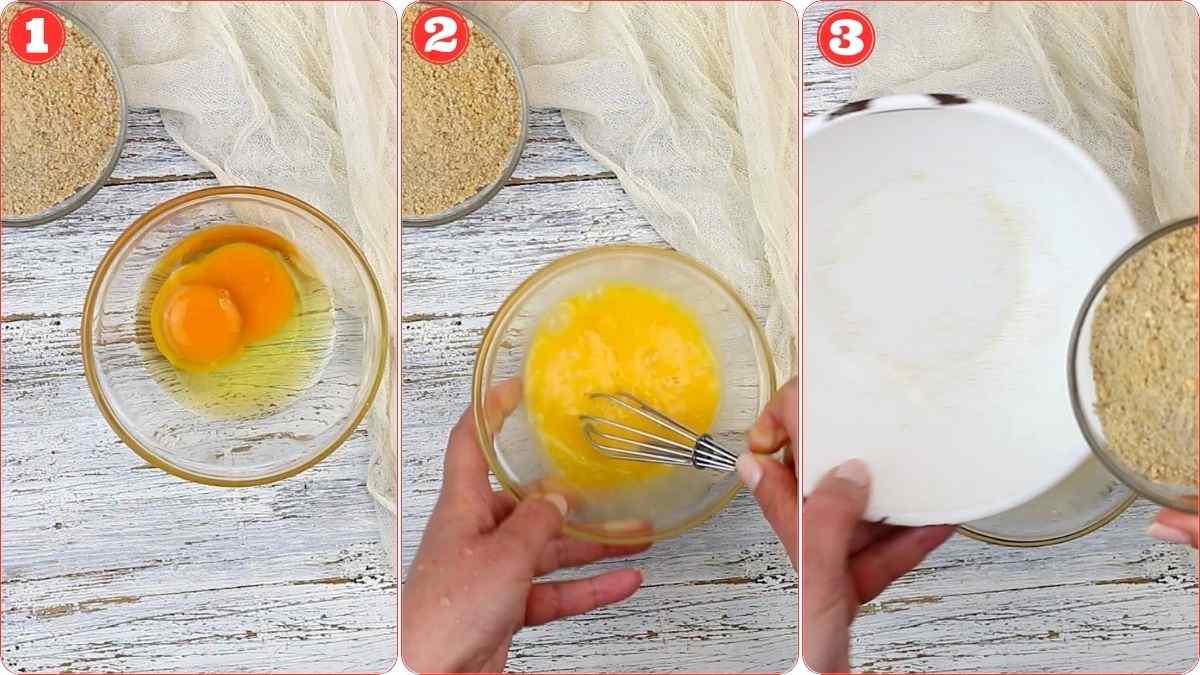 Three-step process: step 1 shows two eggs in a bowl; step 2 shows eggs being whisked; step 3 shows breadcrumbs being poured into the bowl.