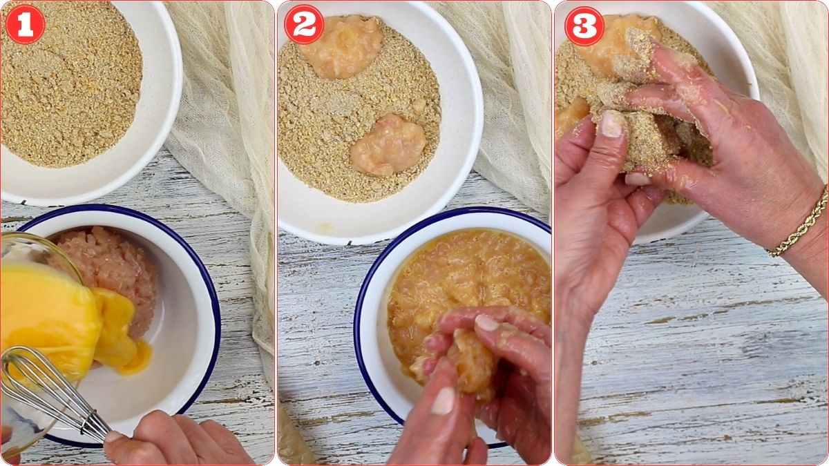 Step-by-step process of breading ground meat: mixing with egg, coating in breadcrumbs, and shaping with hands.