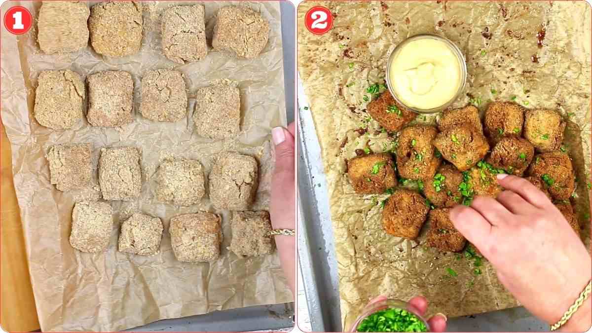 Two side-by-side panels show breaded cubes on parchment paper before baking (left) and the same cubes cooked, being garnished with chopped herbs next to a bowl of dipping sauce (right).