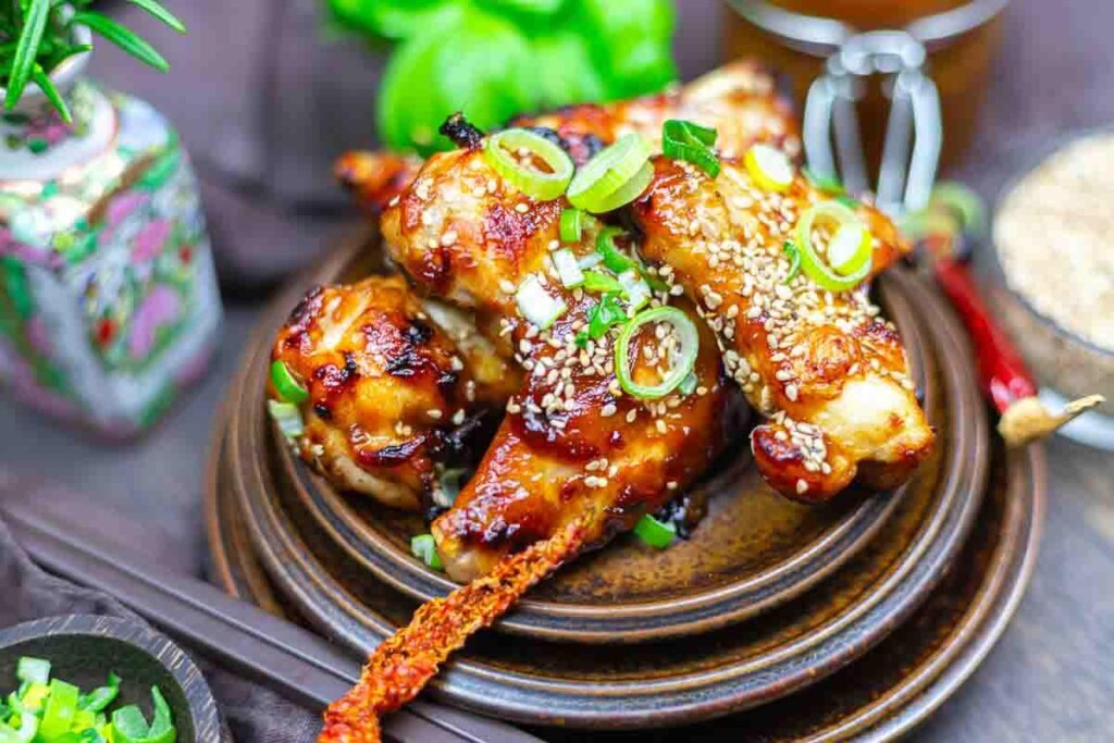 A plate of glazed chicken drumsticks garnished with sliced green onions and sesame seeds, surrounded by chopsticks and tableware.