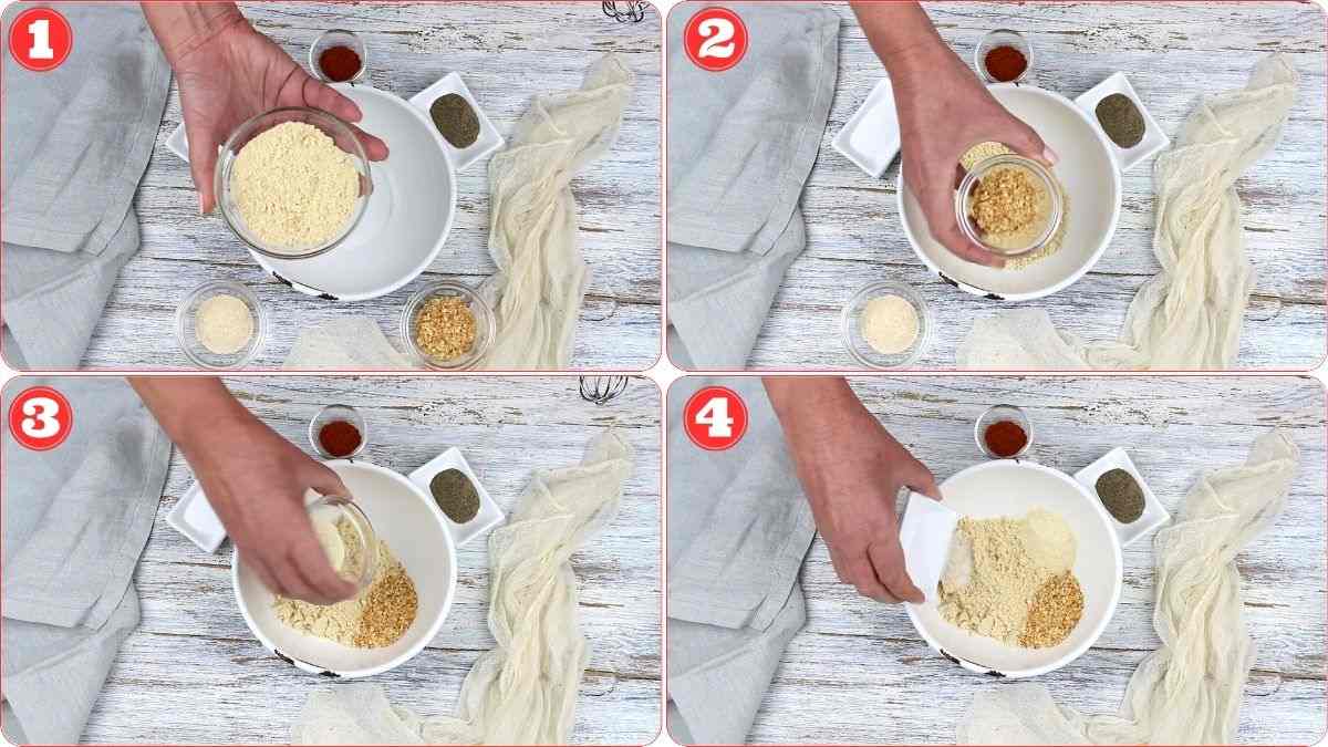 A hand adds different dry ingredients to a white mixing bowl in four numbered steps, with small bowls of spices and a cloth on a wooden surface.
