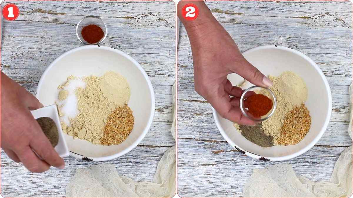 Two side-by-side images show hands adding different spices into a white bowl containing various seasoning powders on a wooden surface. The steps are labeled 1 and 2 in red circles.