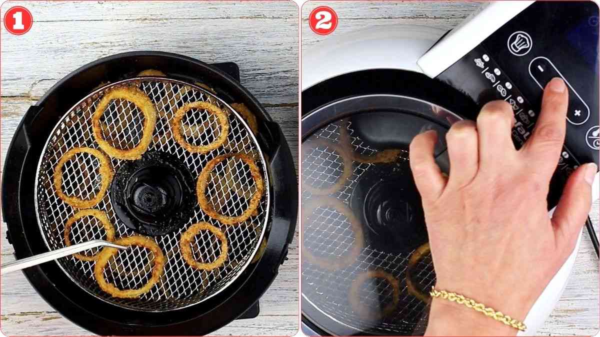 Split image: Left—onion rings in an air fryer basket; right—a hand presses buttons on an air fryer control panel.
