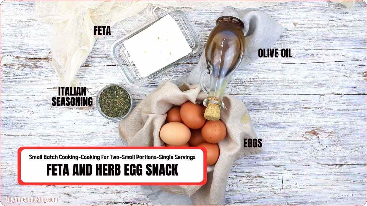 A basket of eggs, a block of feta cheese, a jar of Italian seasoning, and a bottle of olive oil arranged on a light wooden surface.