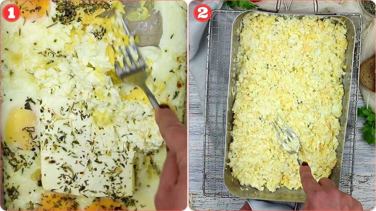 Split image. Left: Person mashing eggs, cheese, and herbs with a fork in a dish. Right: Mashed mixture spread in a rectangular baking pan on a wire rack.