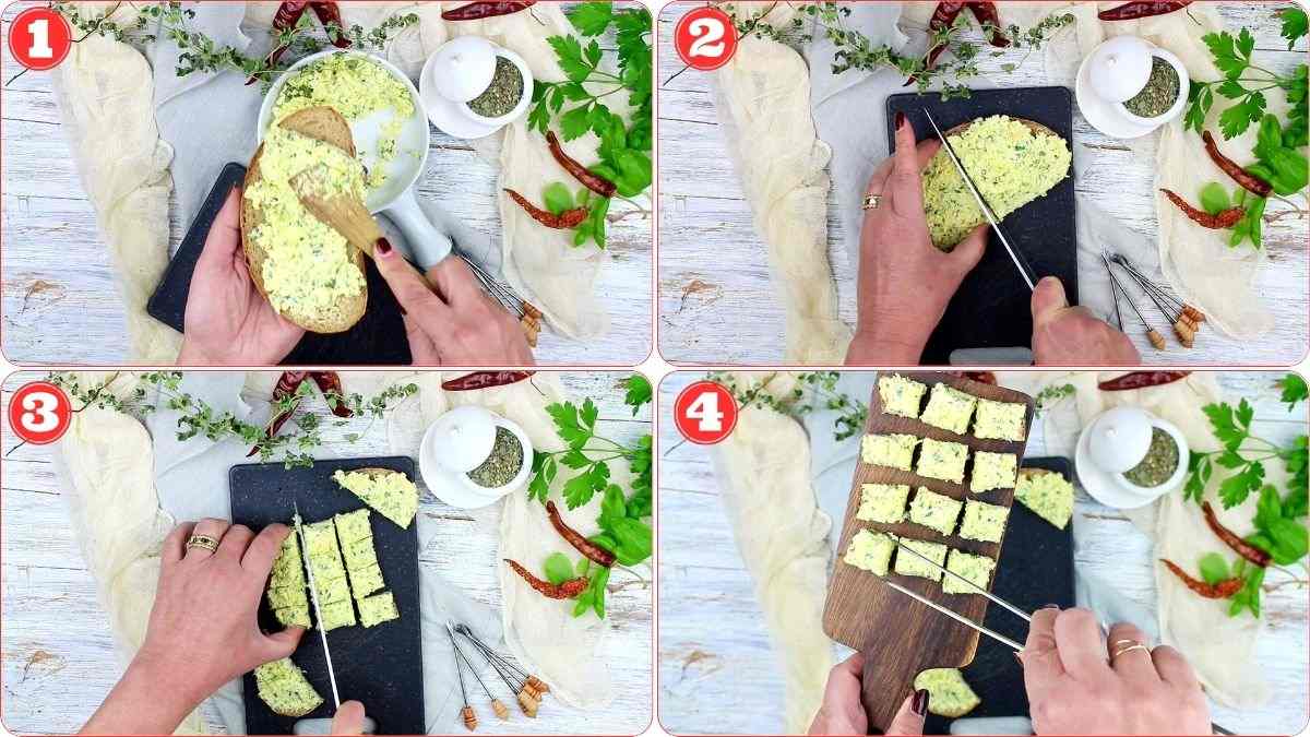 A step-by-step process of cutting herb butter bread into slices on a dark cutting board, shown in four numbered panels.