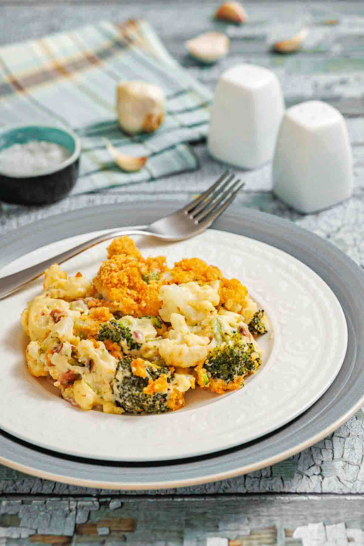 Cheesy vegetable casserole topped with golden breadcrumbs.