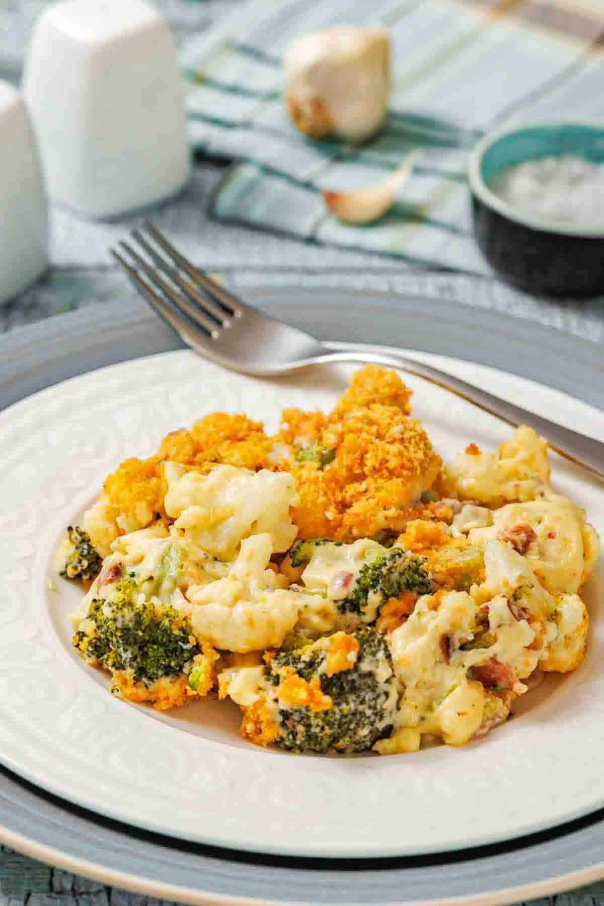 Baked veggie casserole with bacon and cheese.