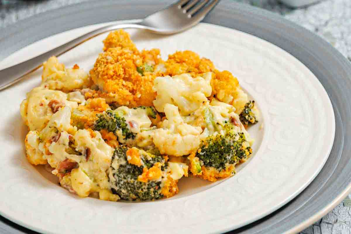 Creamy broccoli casserole topped with crispy crumbs.