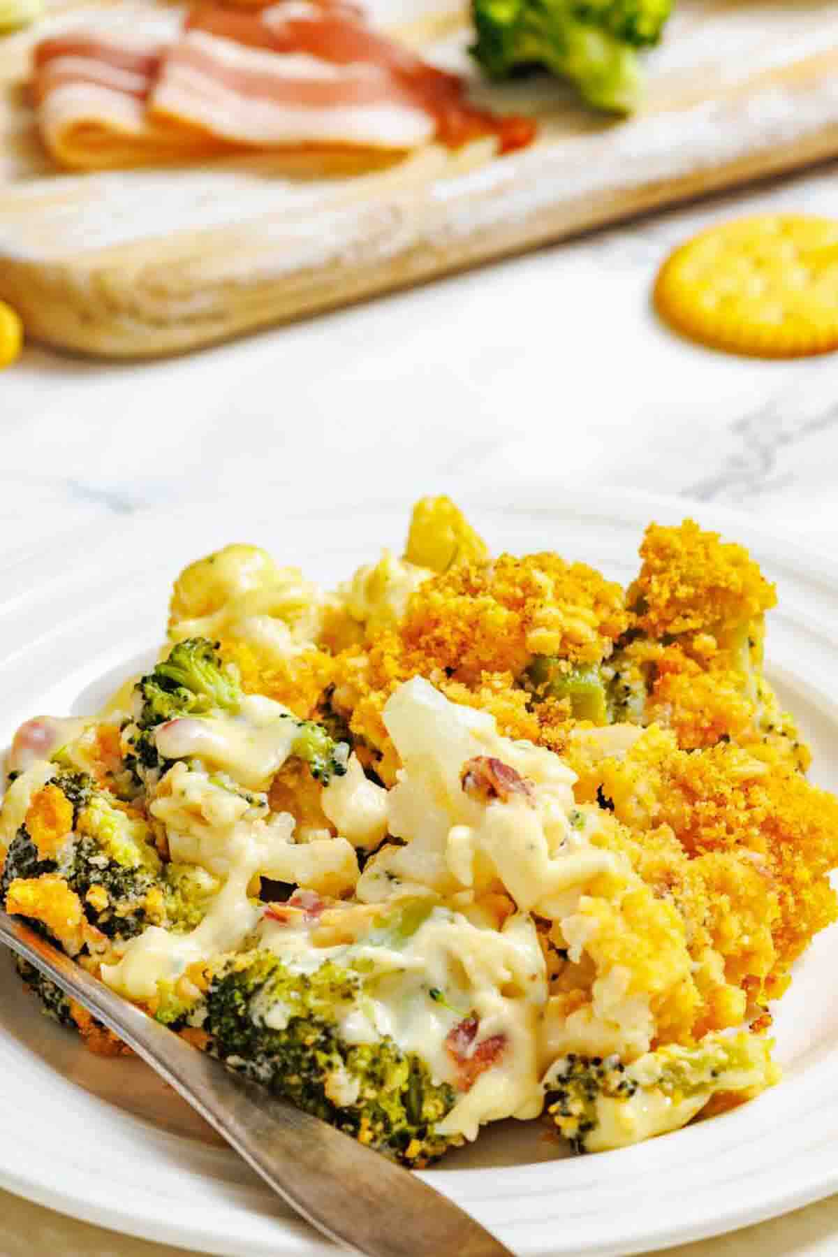 Broccoli and cauliflower casserole on dinner plate.