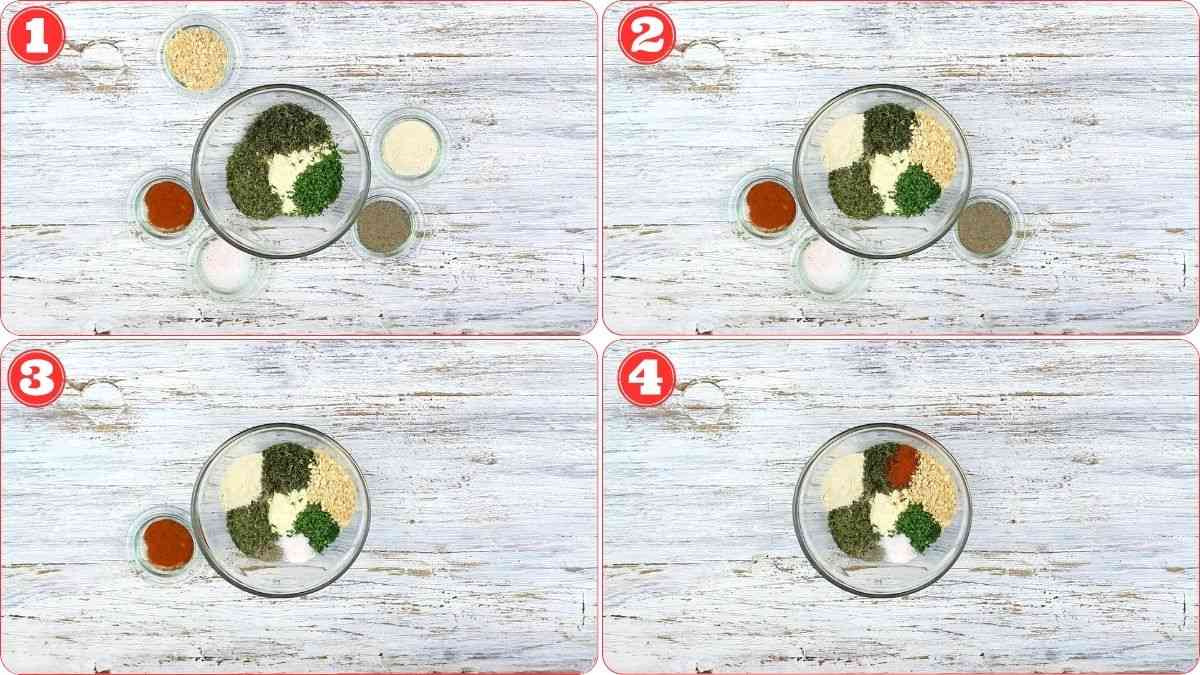 Four-step collage showing a bowl with various powdered ingredients and herbs on a white wooden surface; ingredients gradually being added or rearranged in each step.