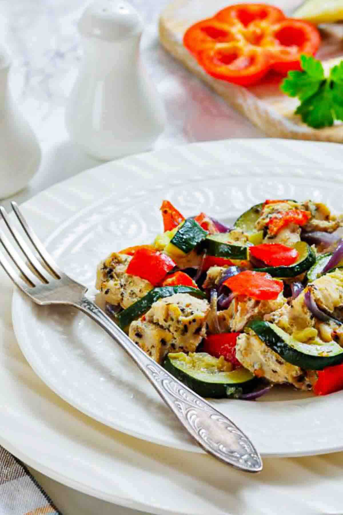 Close view of chicken zucchini veggie mix.