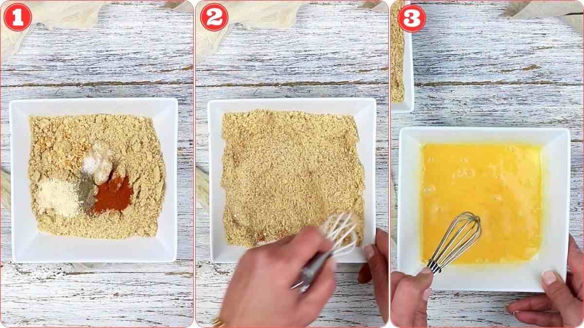 Three-step process: mixing spices with breadcrumbs, blending the breadcrumb mixture, and whisking eggs in separate white bowls on a white wooden surface.