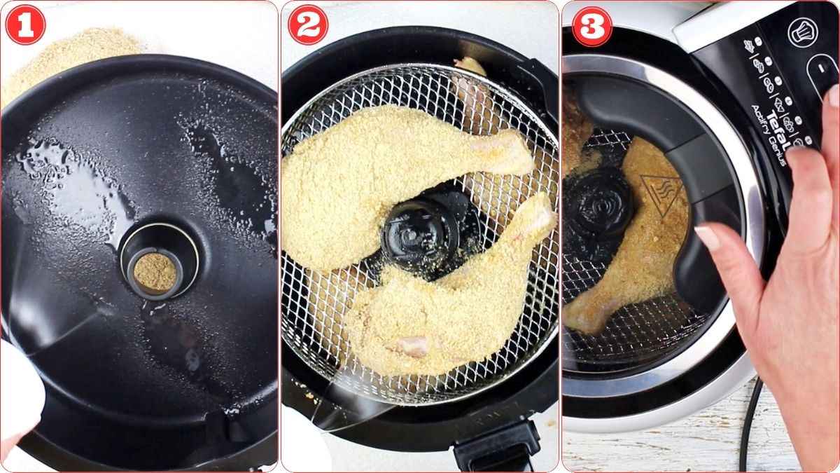 Step-by-step process of cooking breaded chicken legs in an air fryer: spraying oil on the basket, placing chicken inside, and closing the lid before cooking.