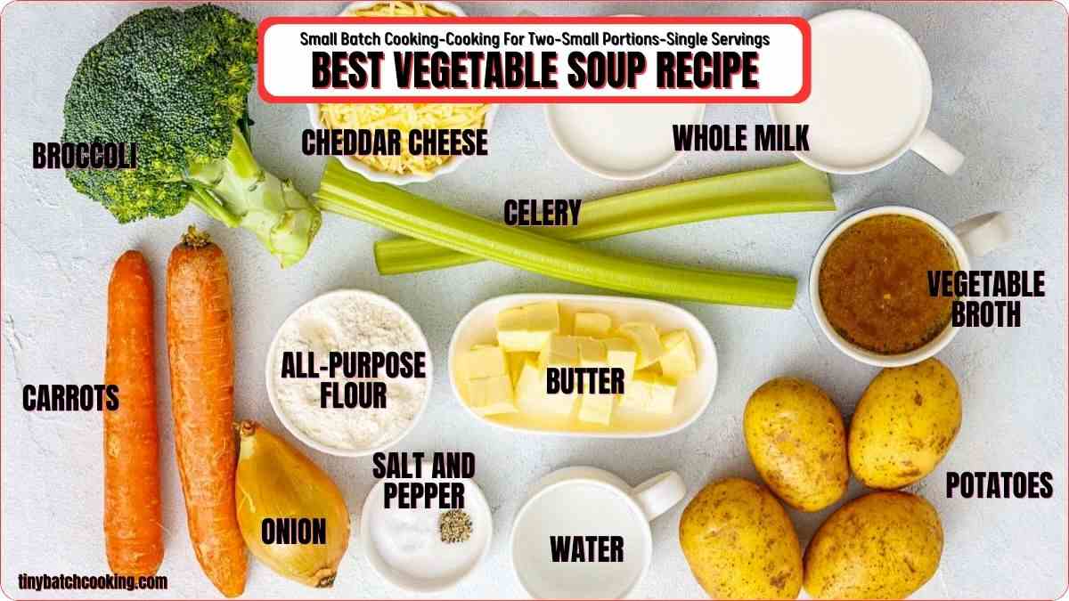 Ingredients for vegetable soup arranged on a countertop, including broccoli, carrots, onion, cheddar cheese, celery, potatoes, milk, vegetable broth, butter, flour, water, salt, and pepper.
