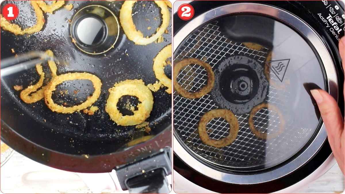 Side-by-side images showing onion rings cooking in an air fryer basket on the left and onion rings inside a closed air fryer with a glass lid on the right.