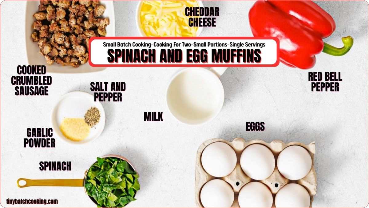 Ingredients for spinach and egg muffins are arranged on a white surface, including crumbled sausage, cheddar cheese, red bell pepper, eggs, spinach, milk, garlic powder, and seasonings.