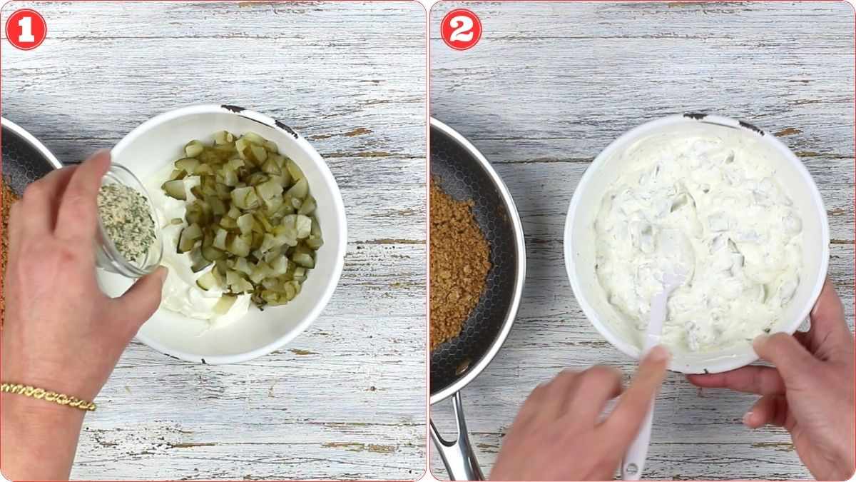 Side-by-side images show hands adding chopped pickles and herbs to a white bowl in image 1, then mixing the contents into a creamy mixture in image 2.