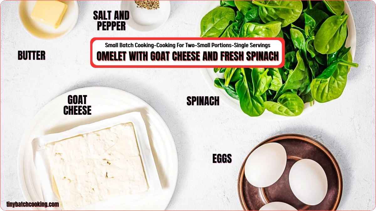 Top-down view of ingredients for an omelet: fresh spinach, eggs, goat cheese, butter, and a bowl of salt and pepper on a white surface.